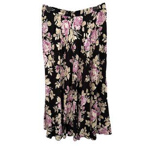 Chaps Black Floral Midi Skirt With Lav & Beige Roses Elastic Waist Size Med
